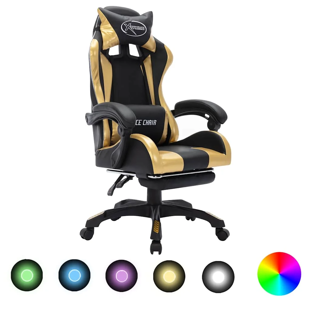 Fauteuil de jeux vidéo avec LED RVB 64 x 65 x 119 cm doré et noir similicuir – modèle 2 – vue d’ensemble