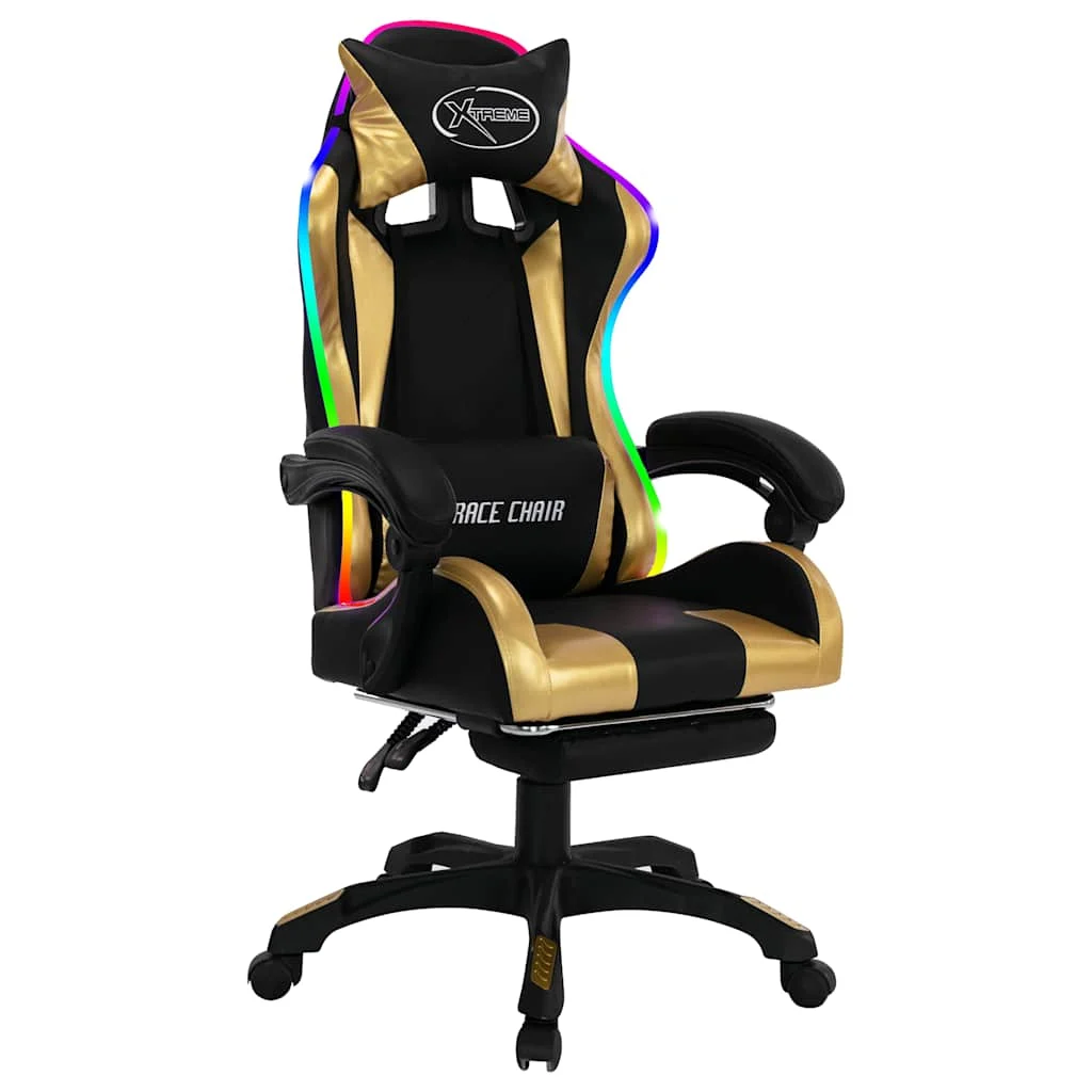 Fauteuil de jeux vidéo avec LED RVB 64 x 65 x 119 cm doré et noir similicuir – modèle 2 – vue de face