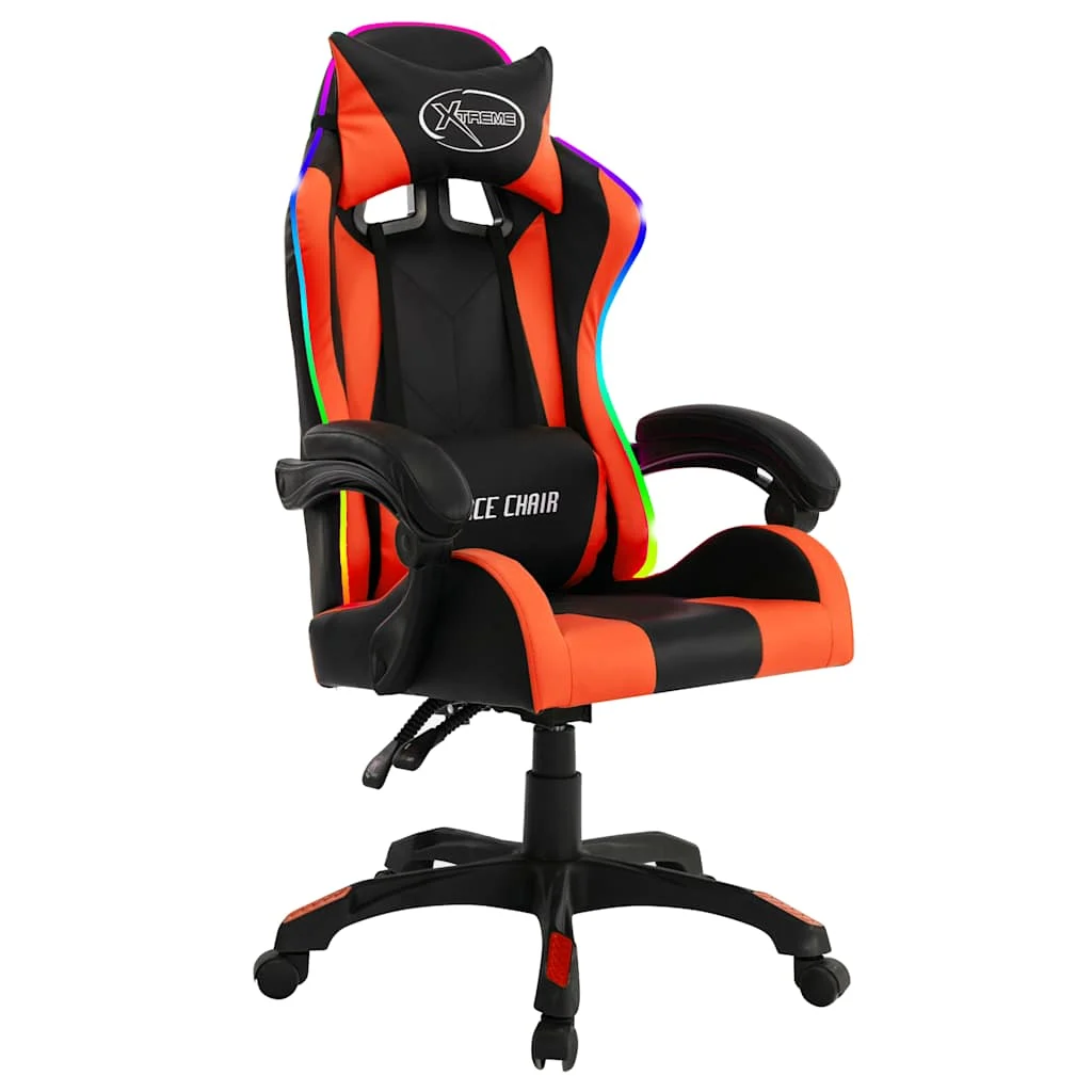 Fauteuil de jeux vidéo avec LED RVB 64 x 65 x 119 cm orange et noir similicuir – vue de face