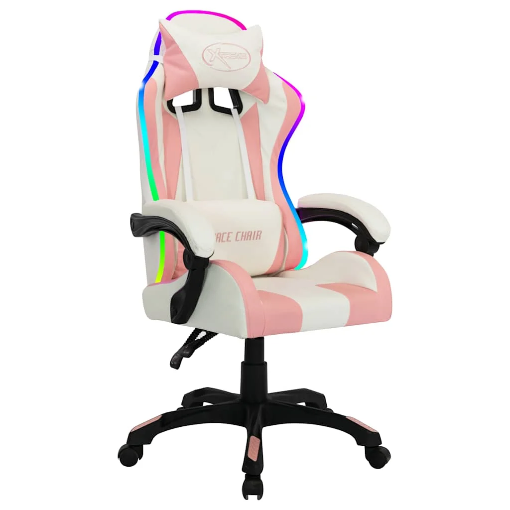 Fauteuil de jeux vidéo avec LED RVB 64 x 65 x 119 cm rose et noir similicuir – vue de face