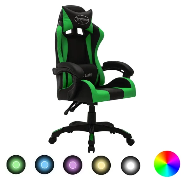 Fauteuil de jeux vidéo avec LED RVB 64 x 65 x 119 cm vert et noir similicuir – vue d’ensemble