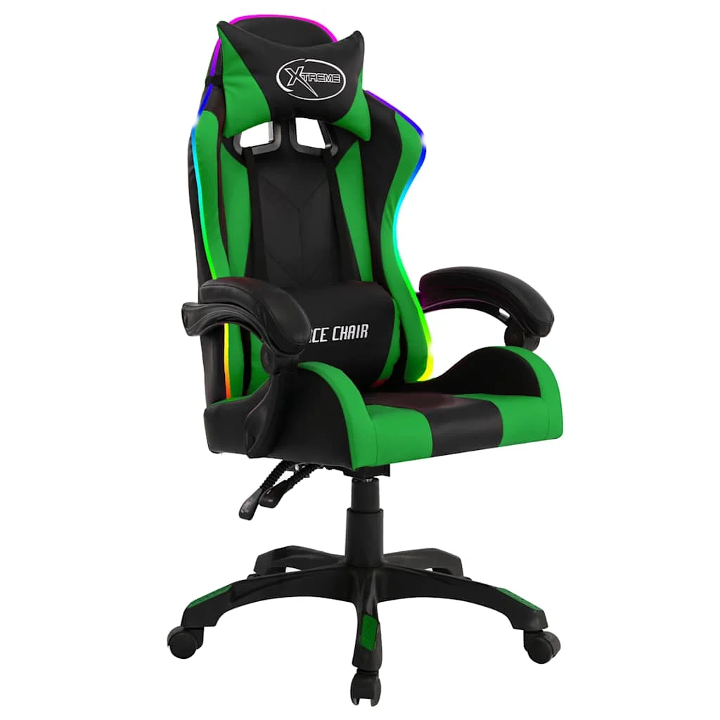 Fauteuil de jeux vidéo avec LED RVB 64 x 65 x 119 cm vert et noir similicuir – vue de face