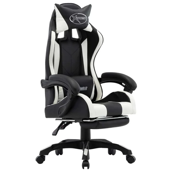 Fauteuil de jeux vidéo et repose-pied 64 x 65 x 119 cm blanc et noir similicuir – vue d’ensemble