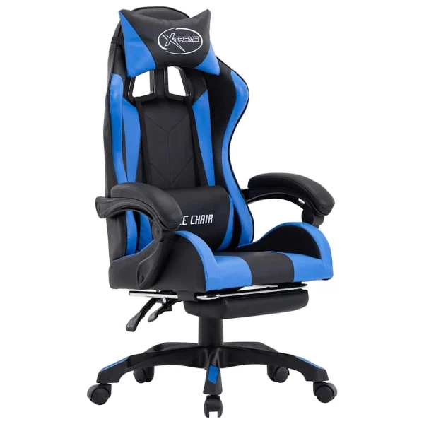 Fauteuil de jeux vidéo avec repose-pied 64 x 65 x 119 cm bleu et noir similicuir – vue d’ensemble