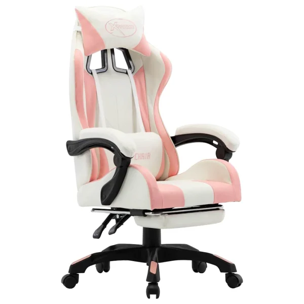 Fauteuil de jeux vidéo et repose-pied 64 x 65 x 119 cm rose et blanc similicuir – vue d’ensemble
