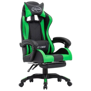 Fauteuil de jeux vidéo avec repose-pied 64 x 65 x 119 cm vert et noir similicuir – vue d’ensemble