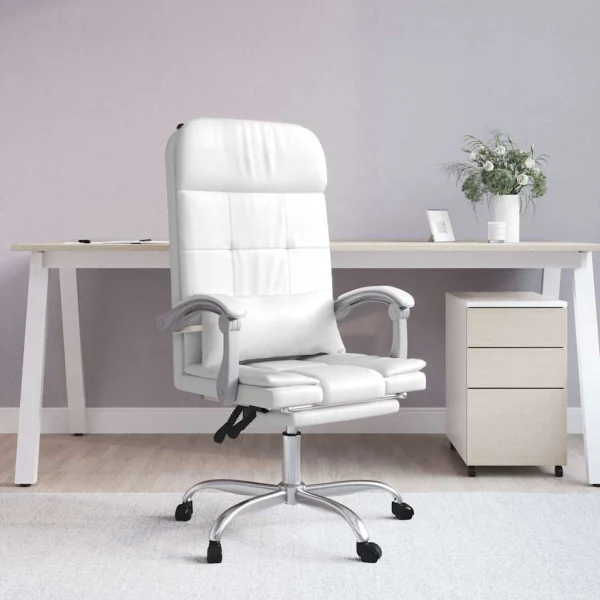 Fauteuil de massage inclinable de bureau 63 x 56 x 122 cm blanc similicuir – vue d’ensemble