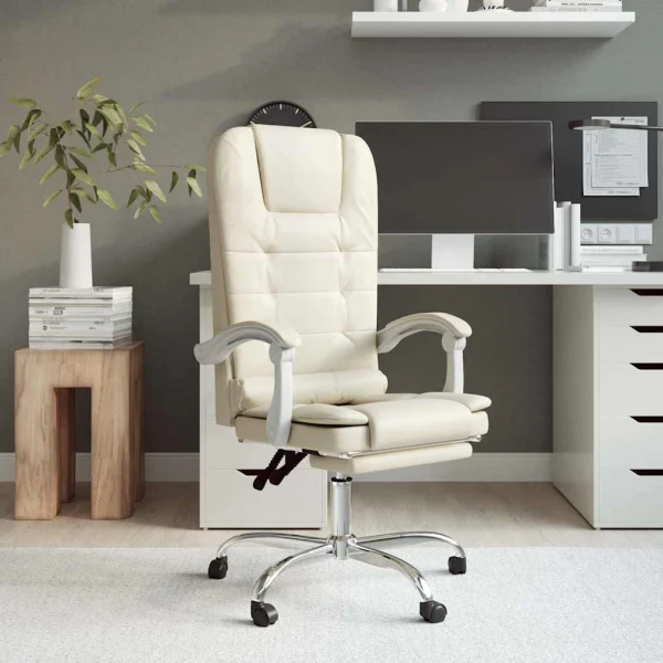 Fauteuil de massage inclinable de bureau 63 x 56 x 122 cm crème similicuir – vue d’ensemble