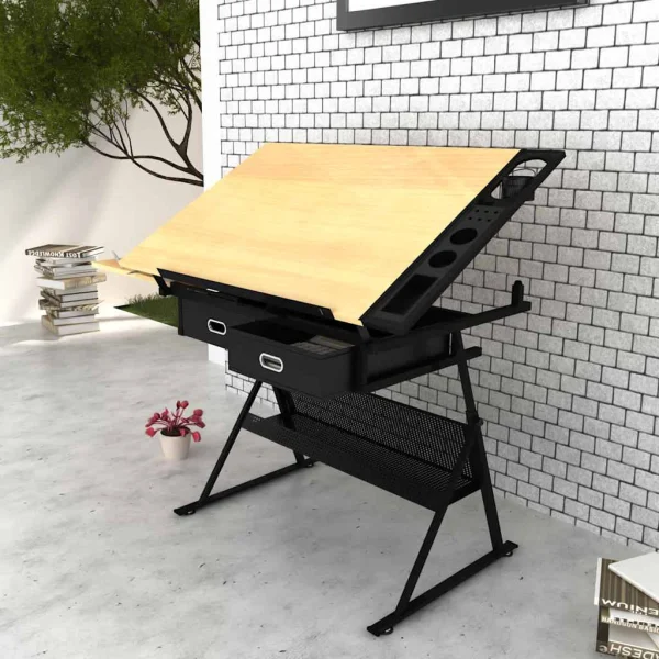 Table à dessin inclinable 2 tiroirs et tabouret 118 x 62 x 134 cm brun mdf – vue d’ensemble