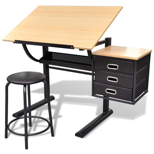 Table à dessin inclinable à 3 tiroirs avec tabouret 119,5 x 60 x 77,5 cm brun mdf – vue d’ensemble