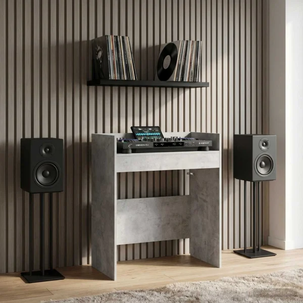 Table de DJ 102 x 45 x 102 cm gris béton bois d'ingénierie – vue d’ensemble