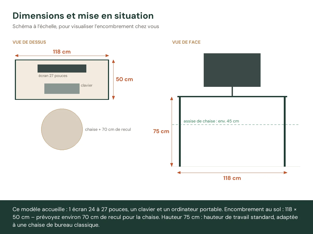 Table à écrire 118 x 50 x 75 cm brun bois massif de manguier – vue de face